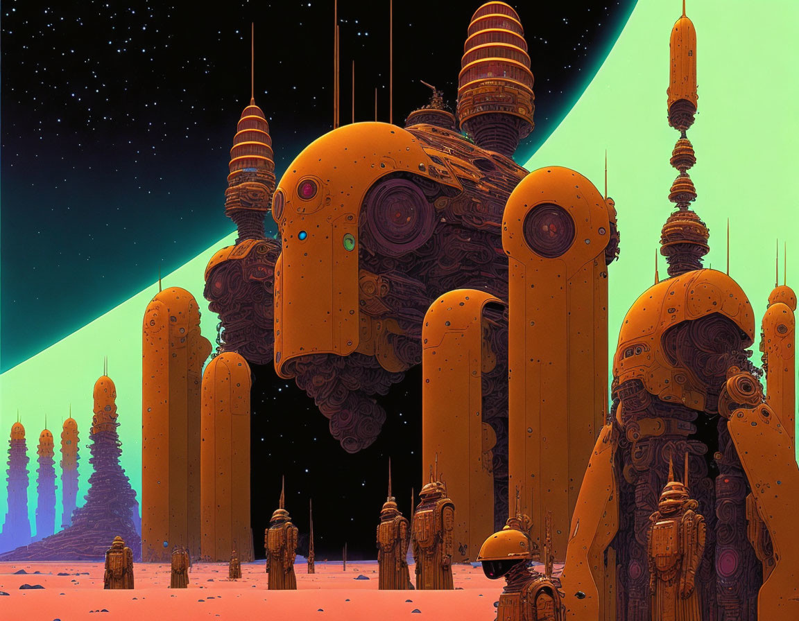 Sci-fi landscape with yellow robotic structures under starry sky