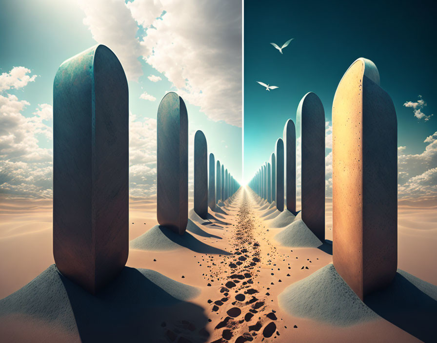 Surreal desert landscape with monolithic structures and cloudy sky