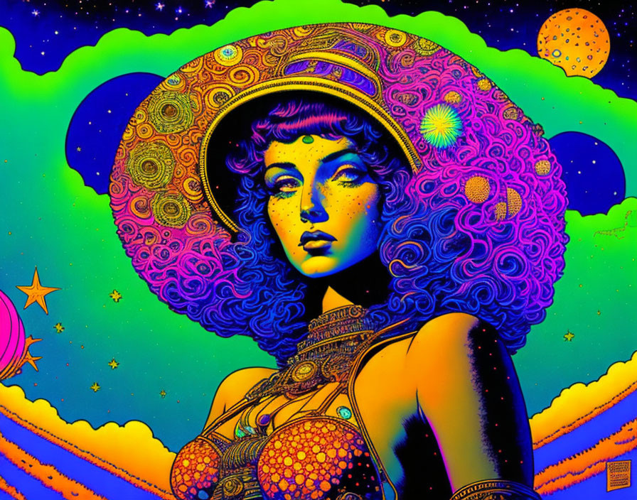 Vibrant psychedelic artwork of woman with cosmic background