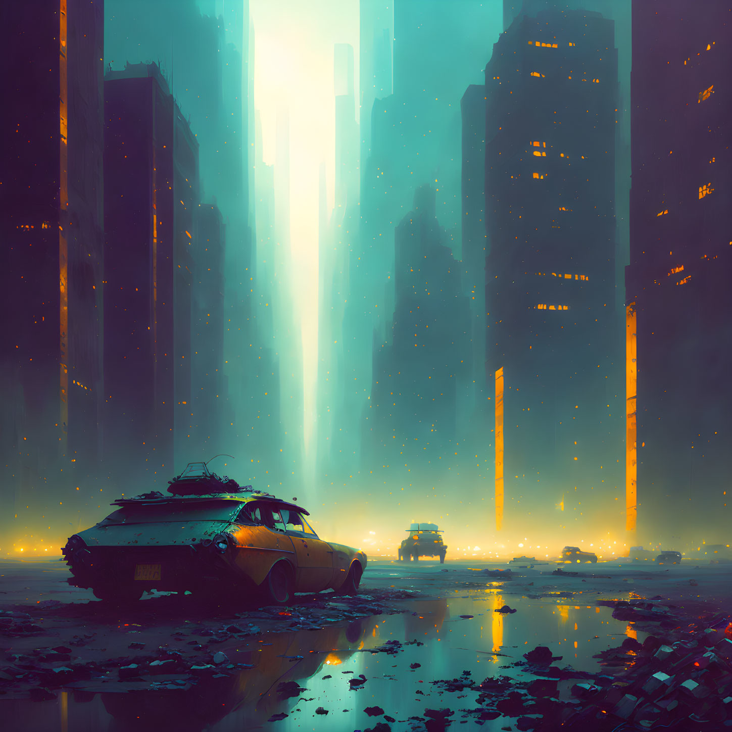 Futuristic cityscape with towering skyscrapers, glowing lights, vehicles on wet street, and