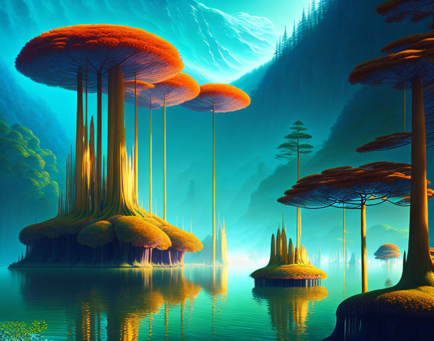 Enormous mushroom-like trees in a misty landscape