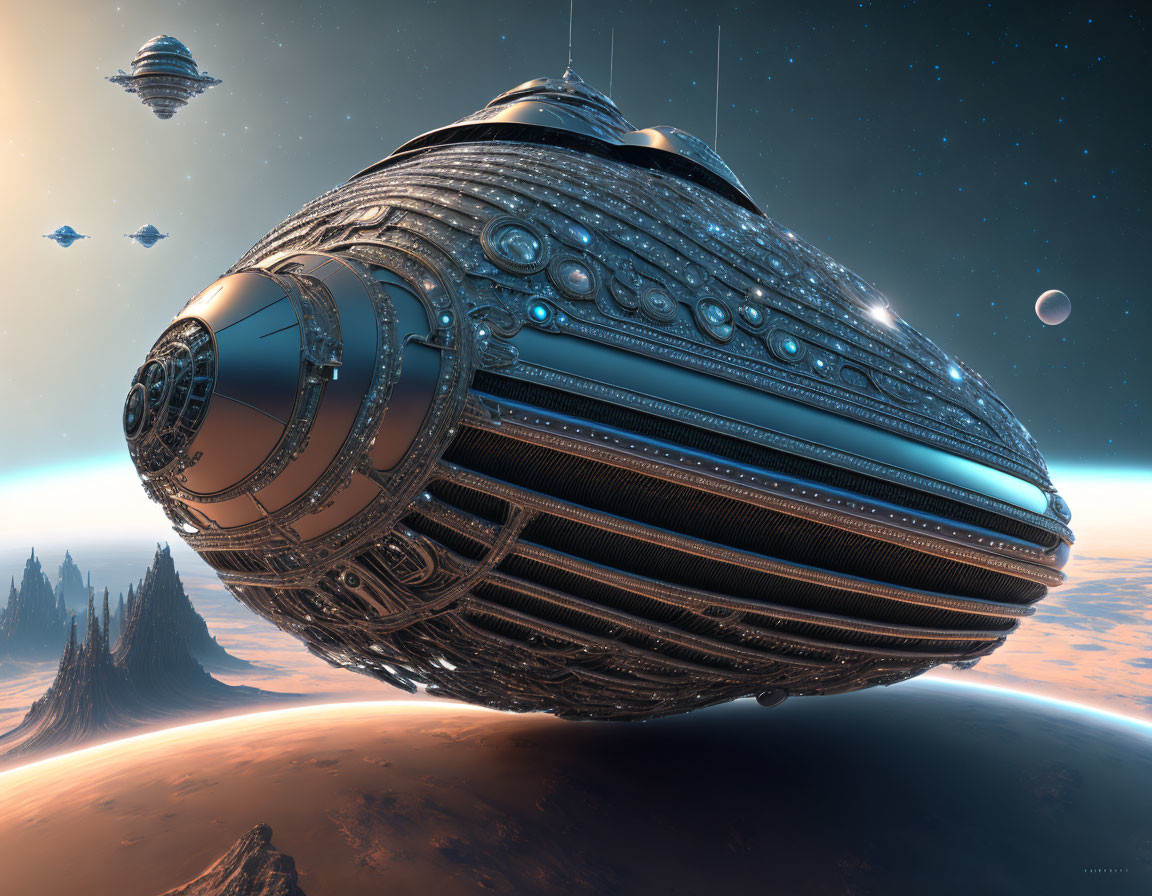 Intricate futuristic spaceship over alien landscape surrounded by other ships