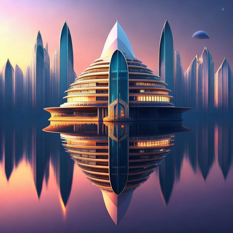 Futuristic cityscape with dome-shaped skyscraper and purple sky