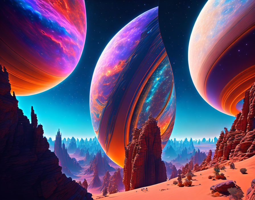 Sci-fi landscape with towering rock formations and colorful alien planets