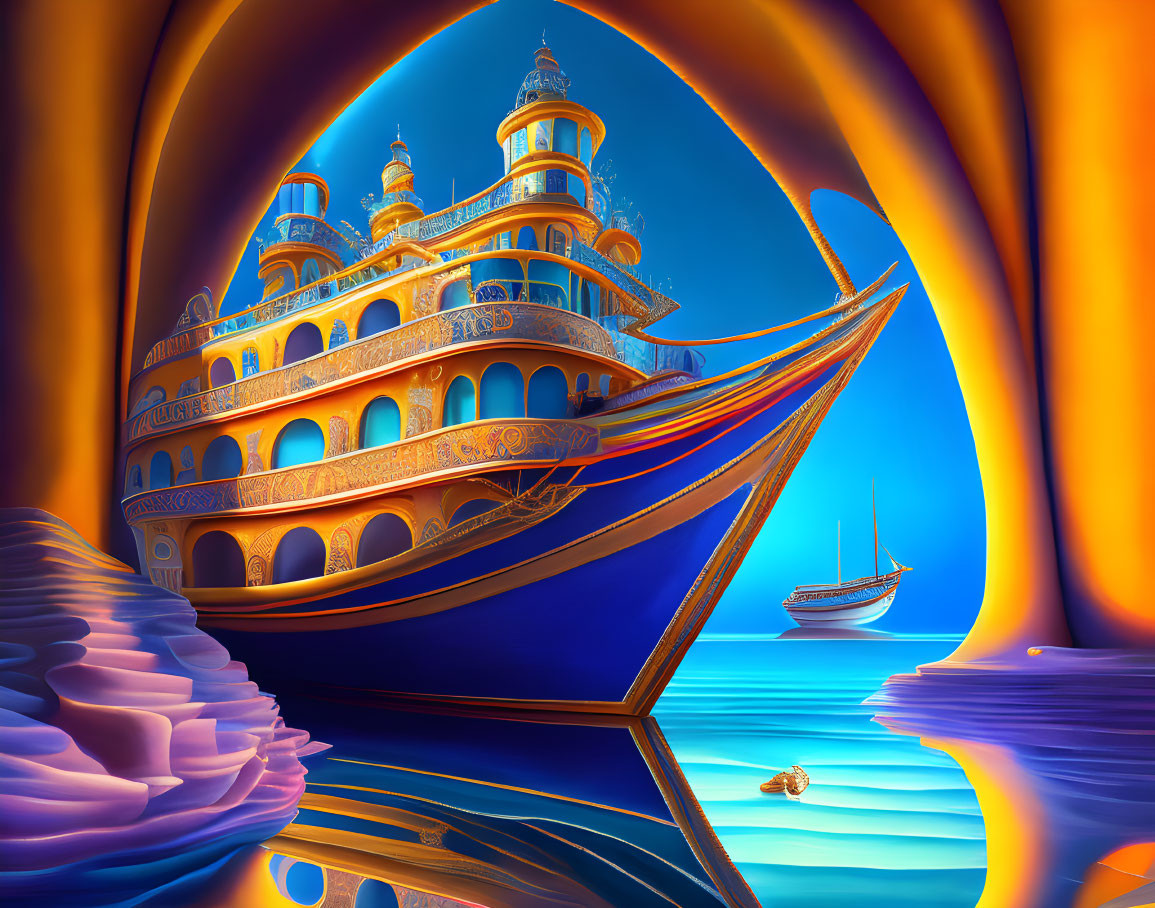 Magical seaside scene with golden palace on boat and stone archway