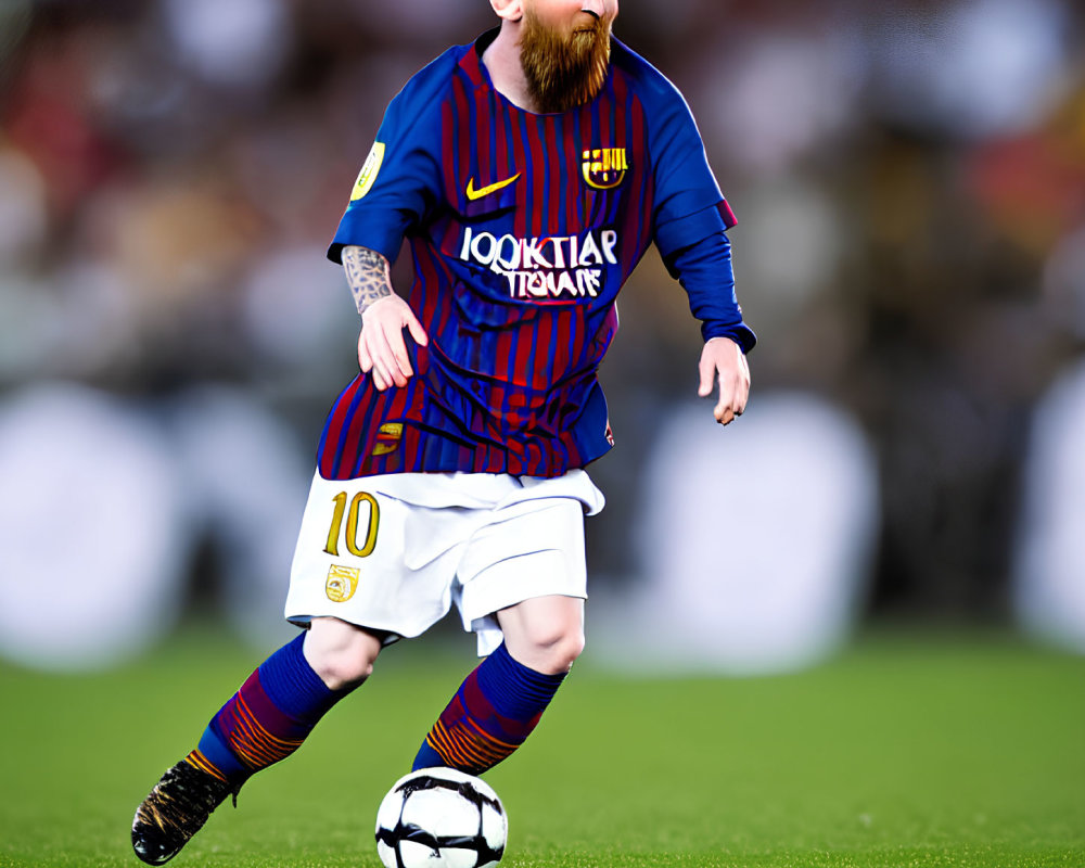 Soccer player in blue and red striped kit with number 10 dribbling ball
