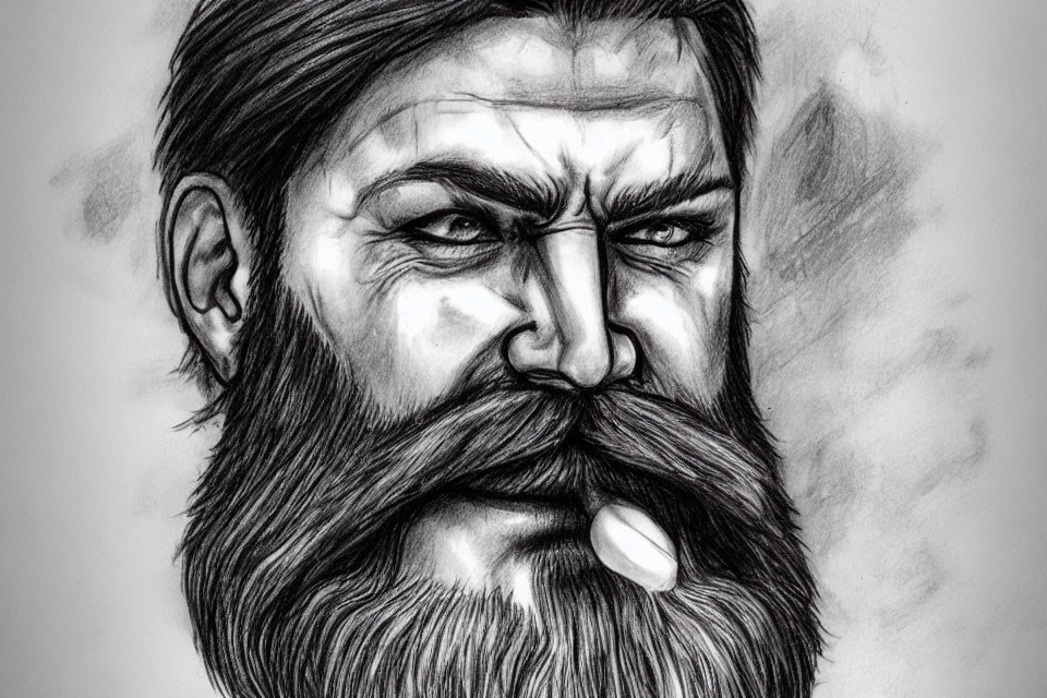 Detailed pencil sketch of a serious man with long beard and intense eyes.