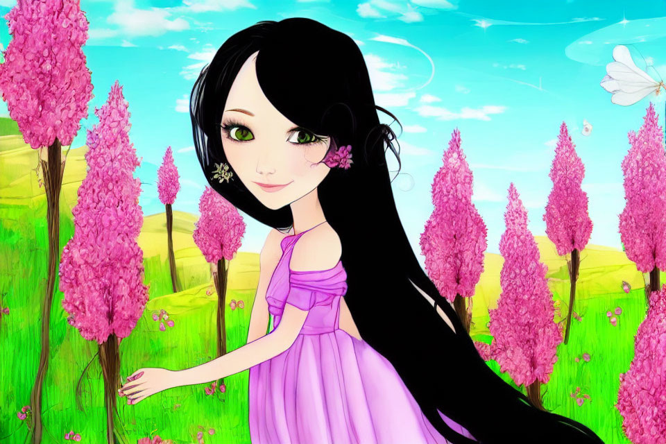 Illustration of girl with black hair in pink dress under blue sky