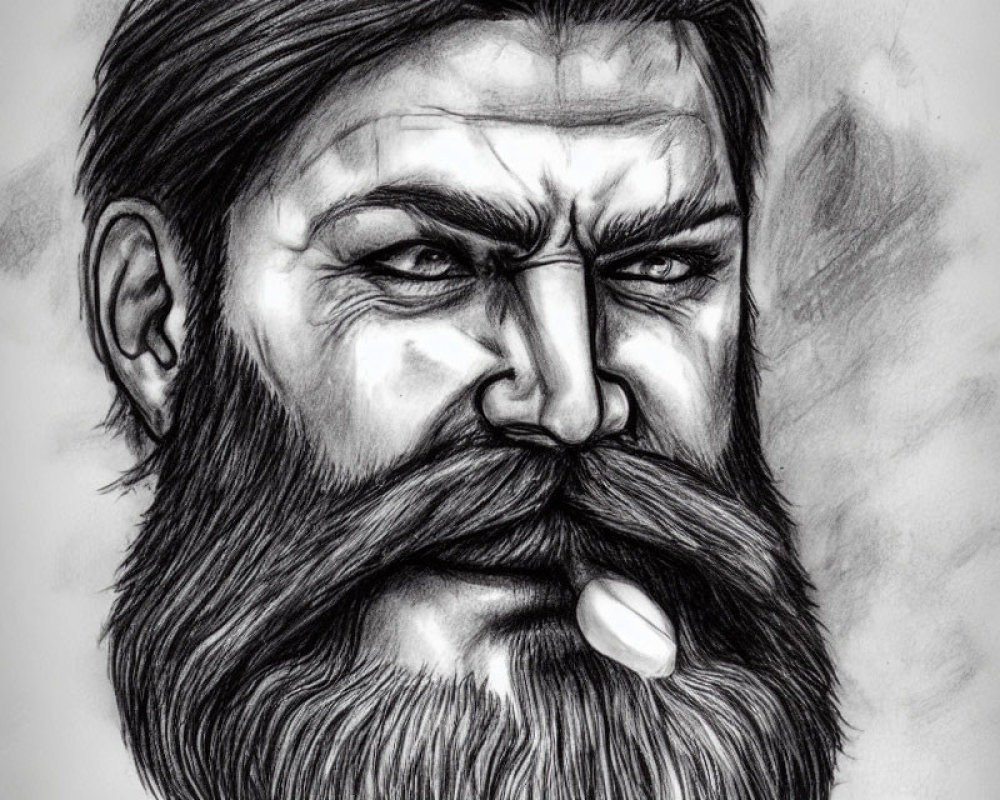 Detailed pencil sketch of a serious man with long beard and intense eyes.