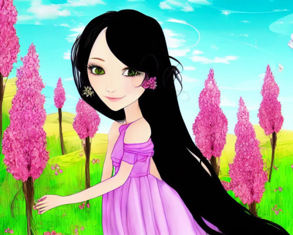 Illustration of girl with black hair in pink dress under blue sky