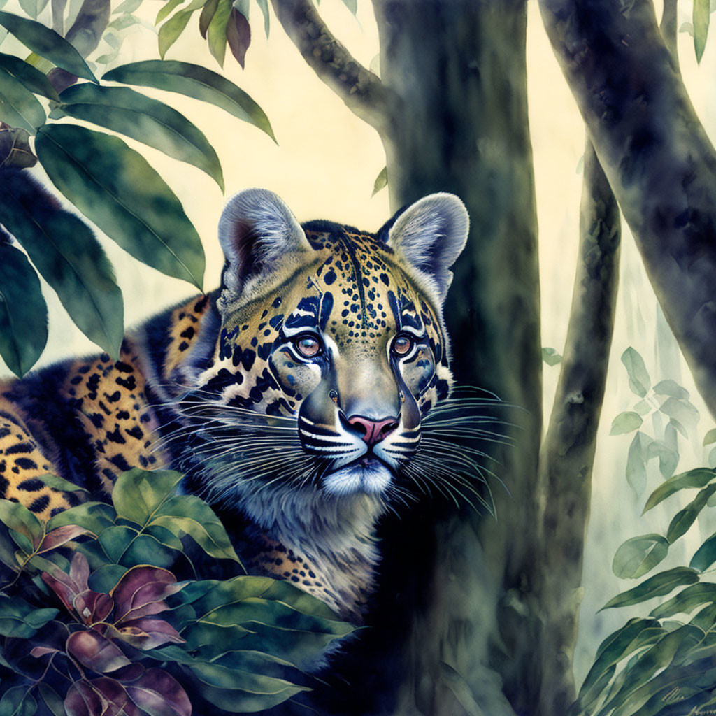 Detailed Leopard Illustration Among Lush Green Foliage