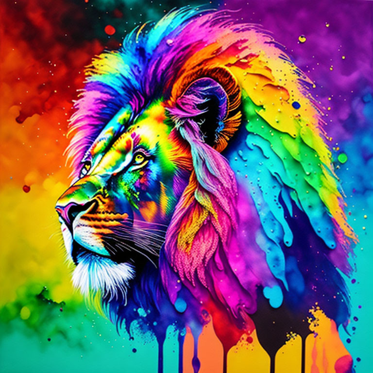 Colorful lion painting with rainbow palette and dripping paint effect