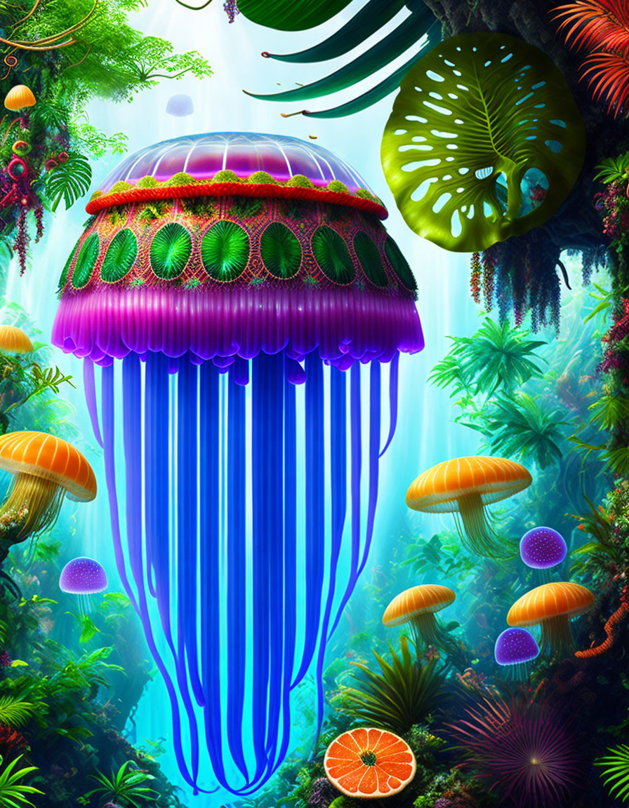 Colorful Oversized Jellyfish in Neon Jungle Setting