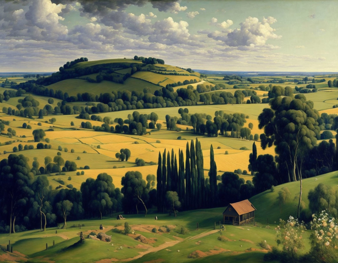 Rolling hills, fields, wooden house, trees, and clouds in a landscape.