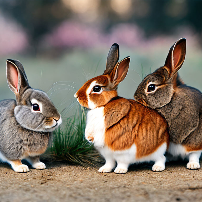 Three rabbits with distinctive markings sitting closely in nature.