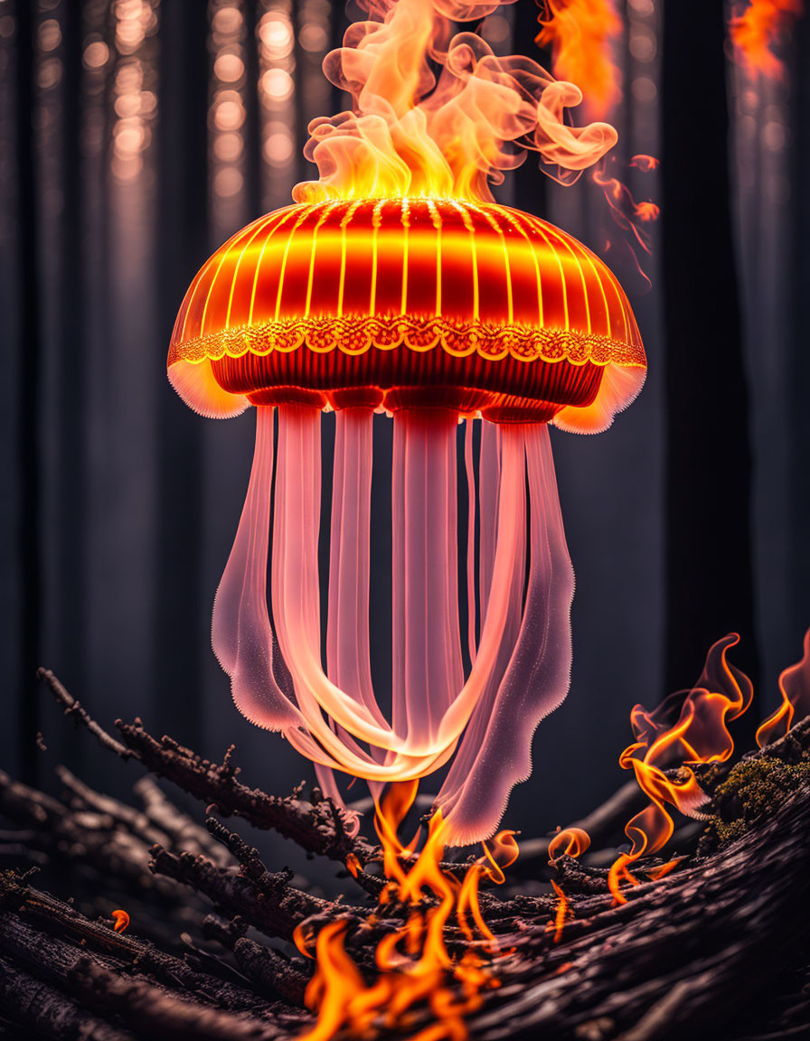 Vibrant orange jellyfish with flames on dark background