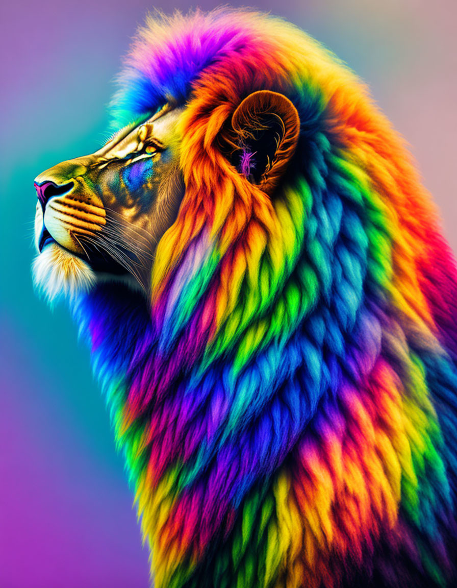 Colorful Lion Profile with Rainbow Mane on Gradient Background