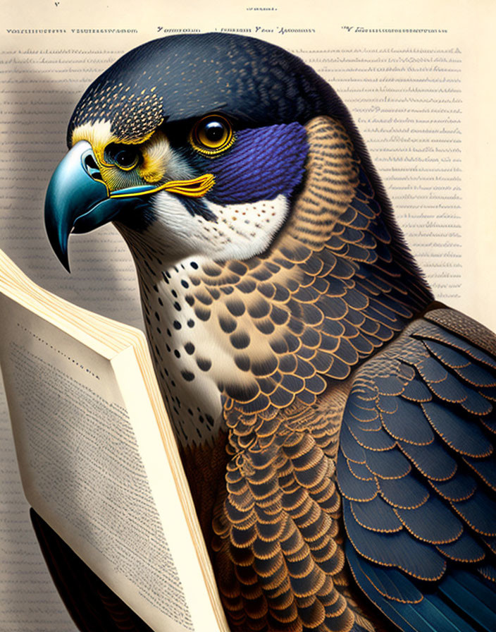 Vibrant Peregrine Falcon perched on open book with script background