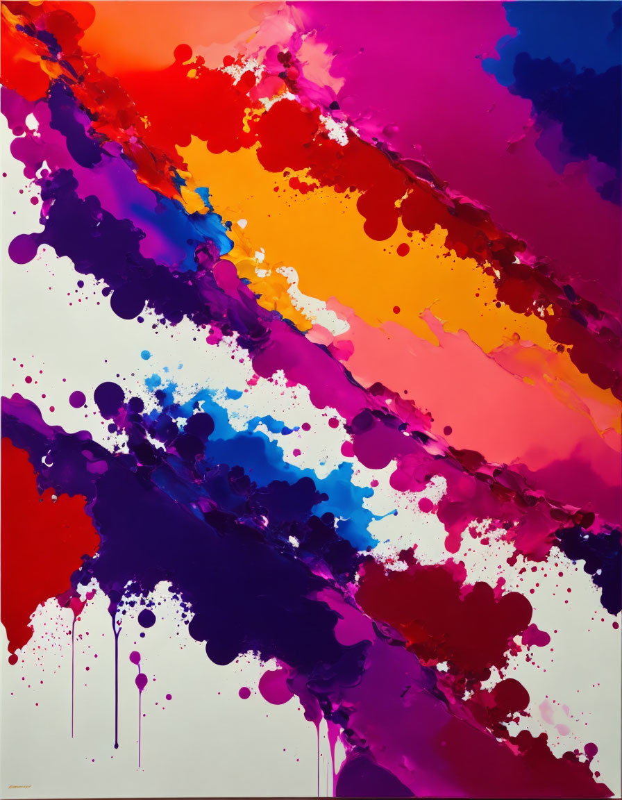 Colorful Abstract Painting with Diagonal Splashes on White Background