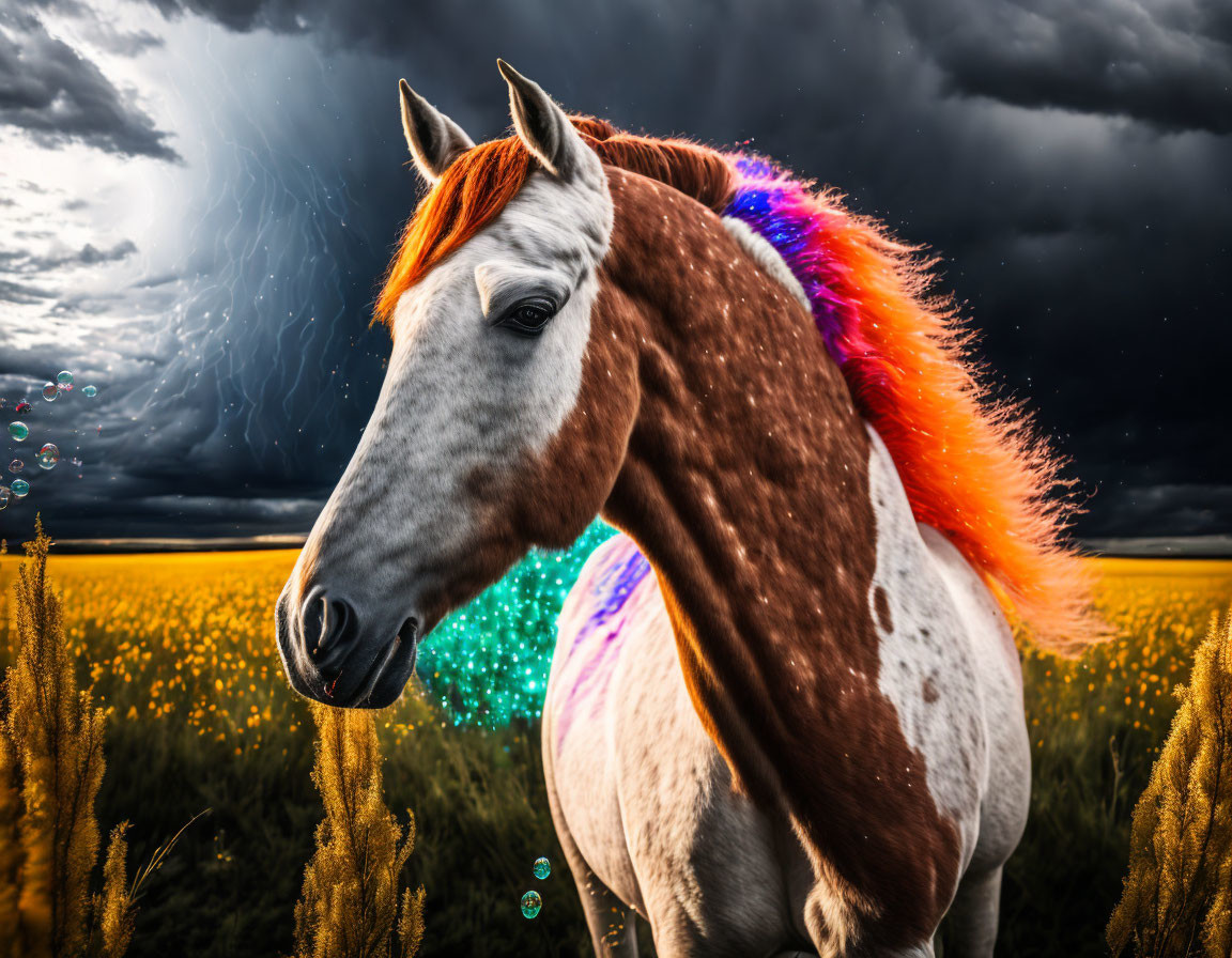 Colorful rainbow-maned horse in golden field under stormy sky with bubbles trail