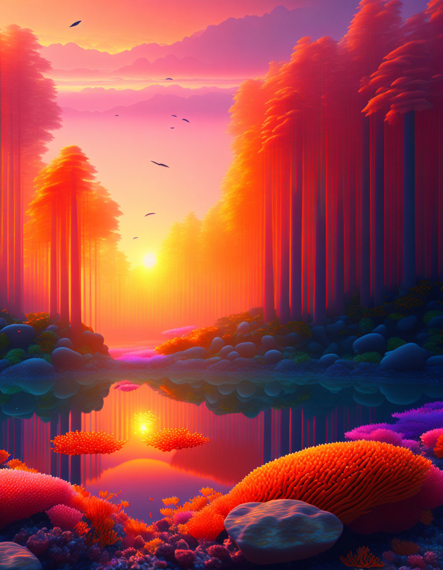 Colorful Digital Artwork: Surreal Forest, Reflective Lake, Coral Formations