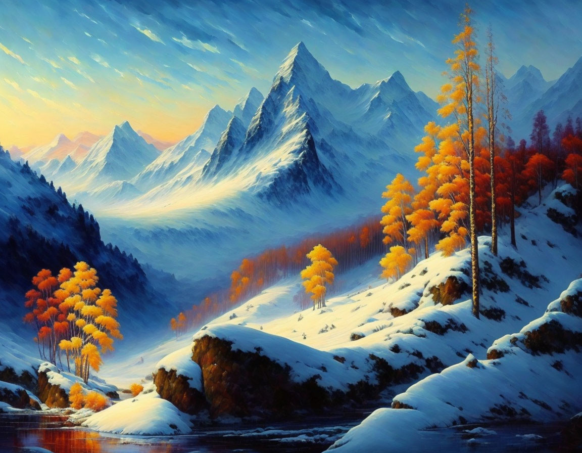 Snow-capped mountains, serene river, autumn trees in picturesque landscape