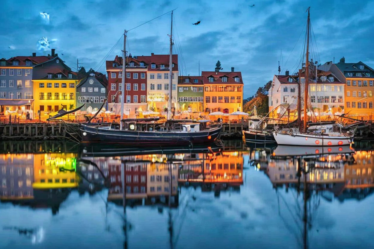 Serene harbor at twilight with moored boats and colorful buildings reflected on calm waters