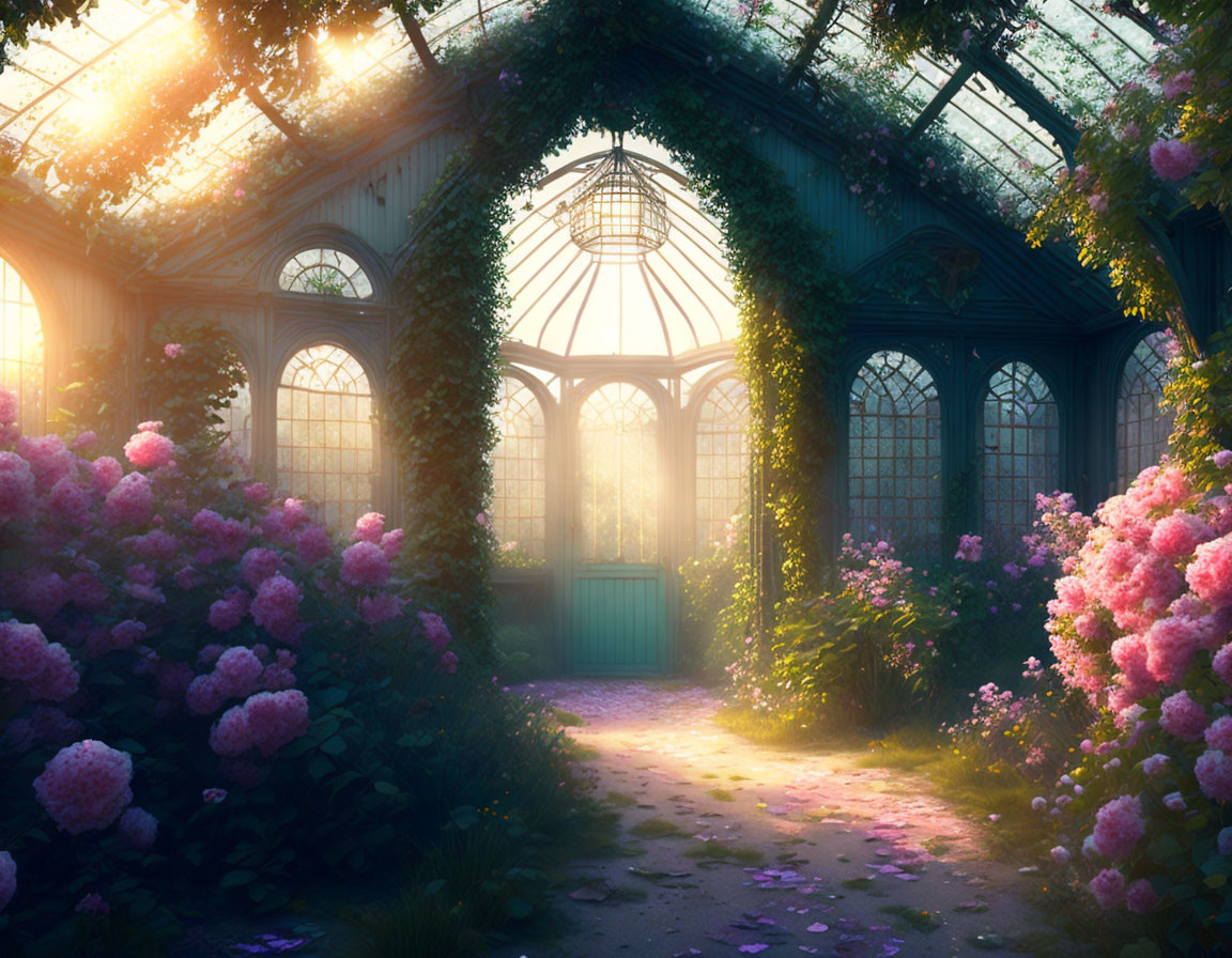 Greenhouse filled with blooming pink flowers under sunlight