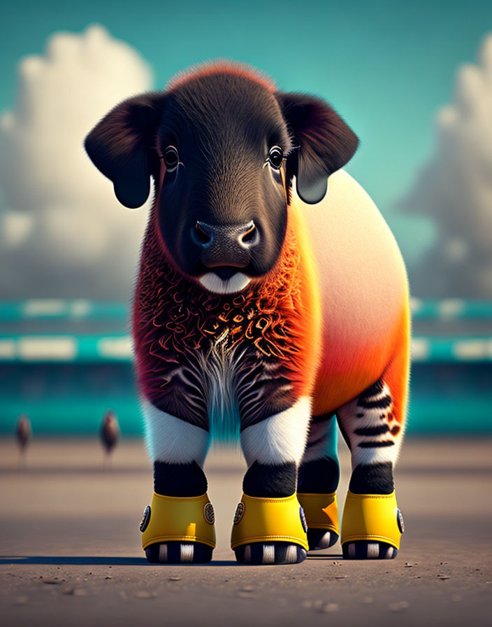 Digitally Created Baby Pig with Red-Orange Fur and Yellow Roller Skates