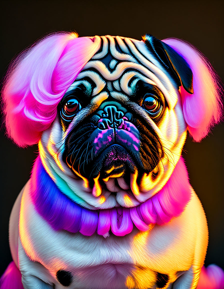 Colorful Neon Pug Portrait on Dark Background