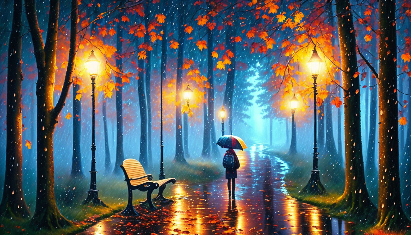 Tranquil night landscape with cobblestone path, street lamps, benches, autumn trees, and