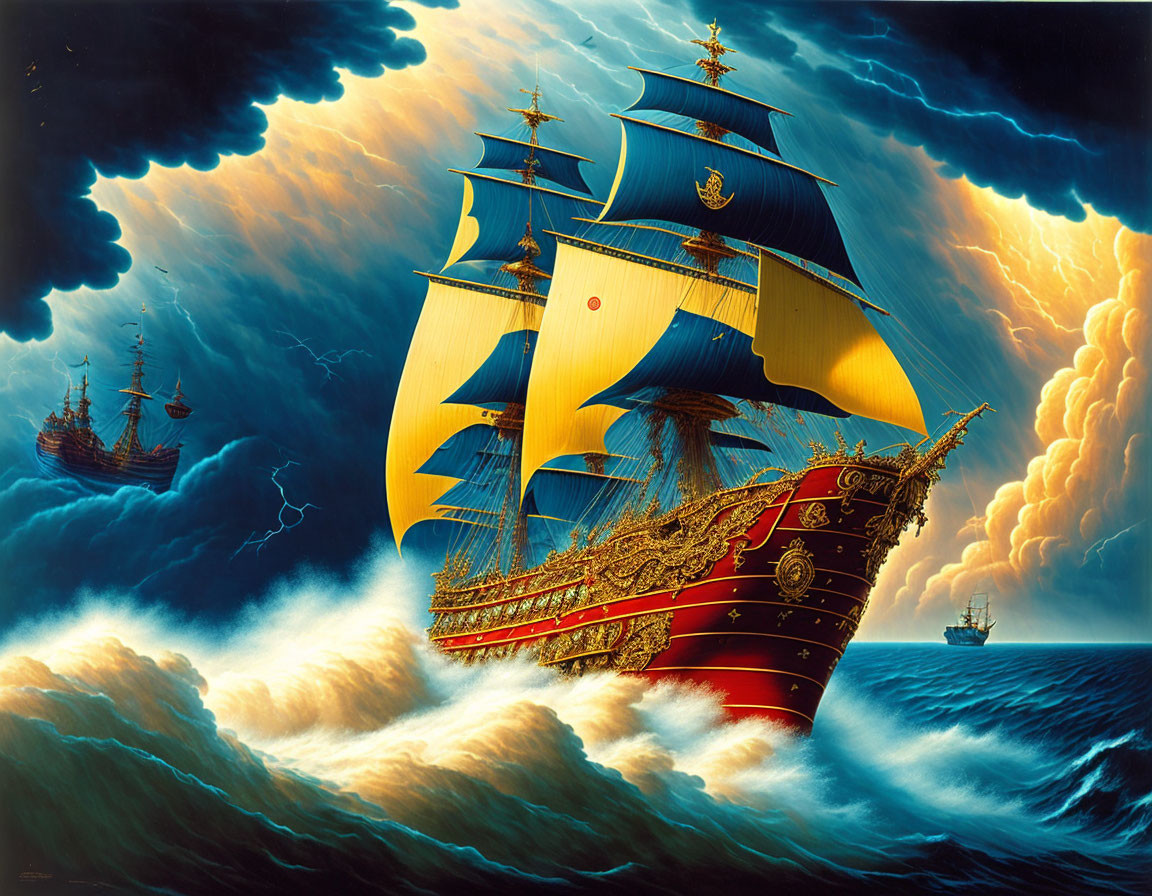 Ornate sailing ship navigating stormy seas with distant vessels