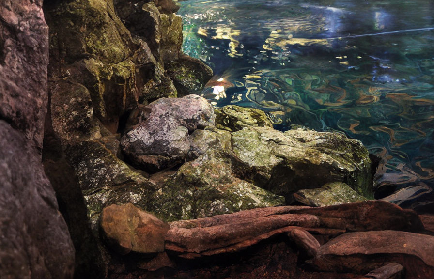 Tranquil pond scene: Sunlight on mossy rocks in clear water