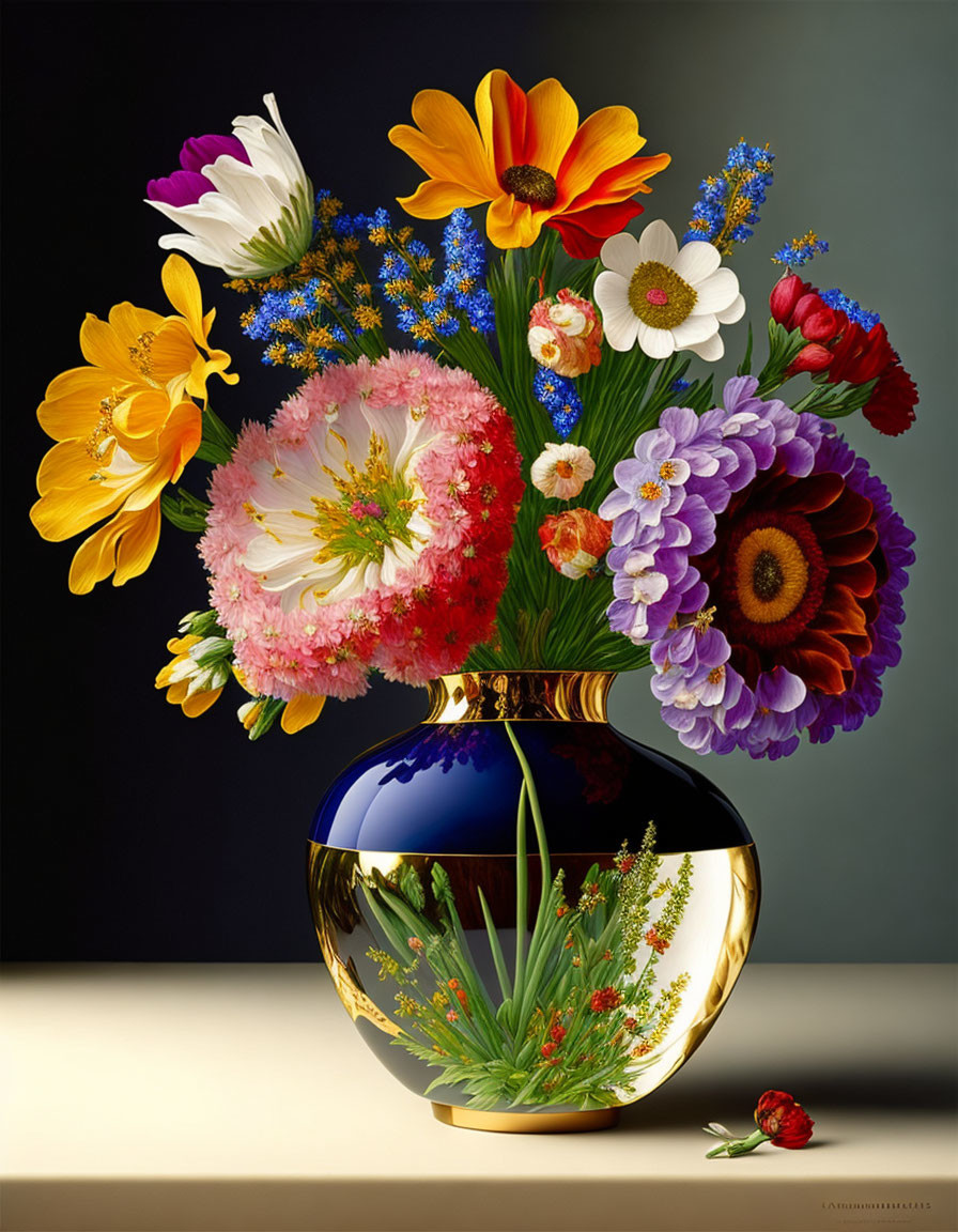 Colorful flower bouquet in blue vase on dark background