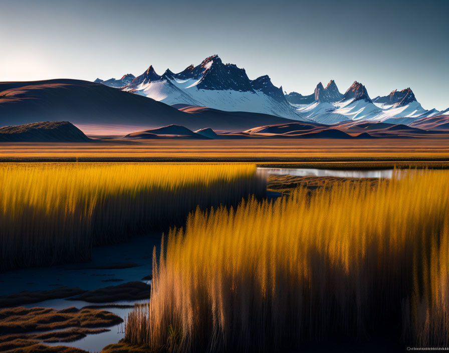 Tranquil landscape with golden grass, water, and snow-capped peaks