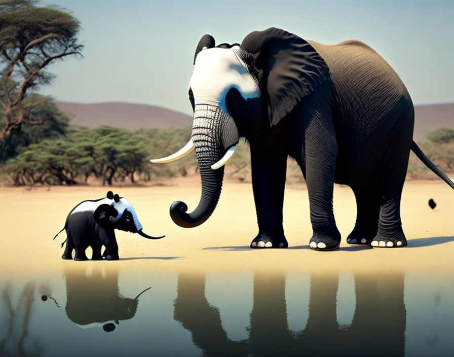 Adult and calf elephants with white face paint by water in savannah