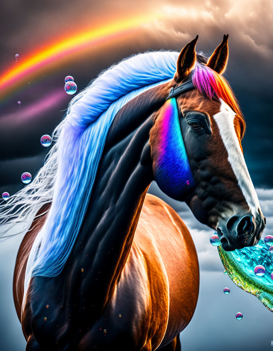 Colorful Horse with Blue Mane in Rainbow Face Against Stormy Sky