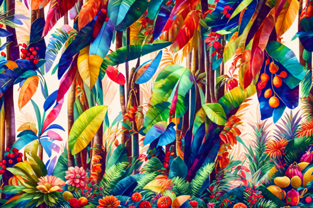 Colorful tropical jungle with exotic foliage and fruits