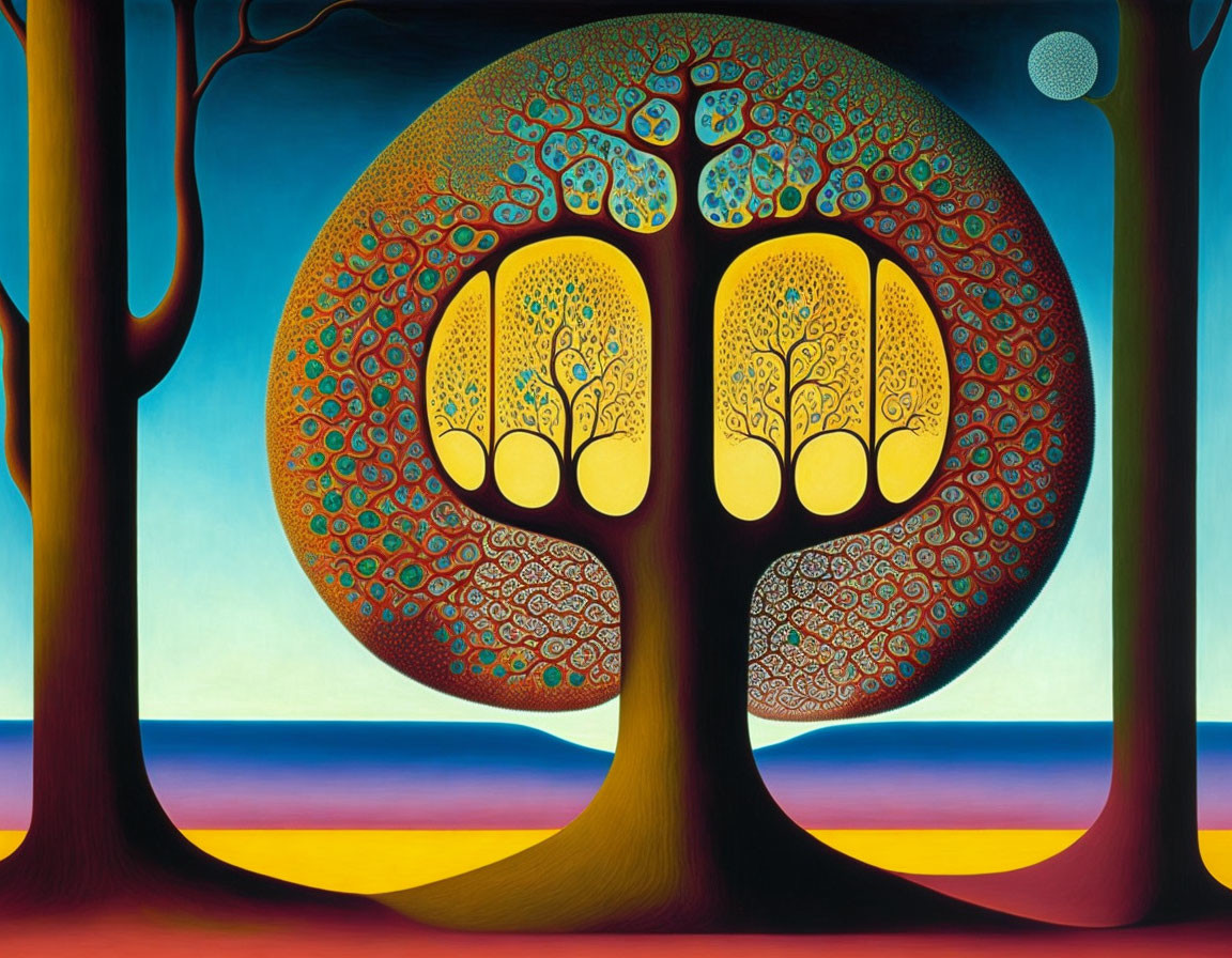 Colorful Stylized Tree Painting with Sea, Horizon, and Moon