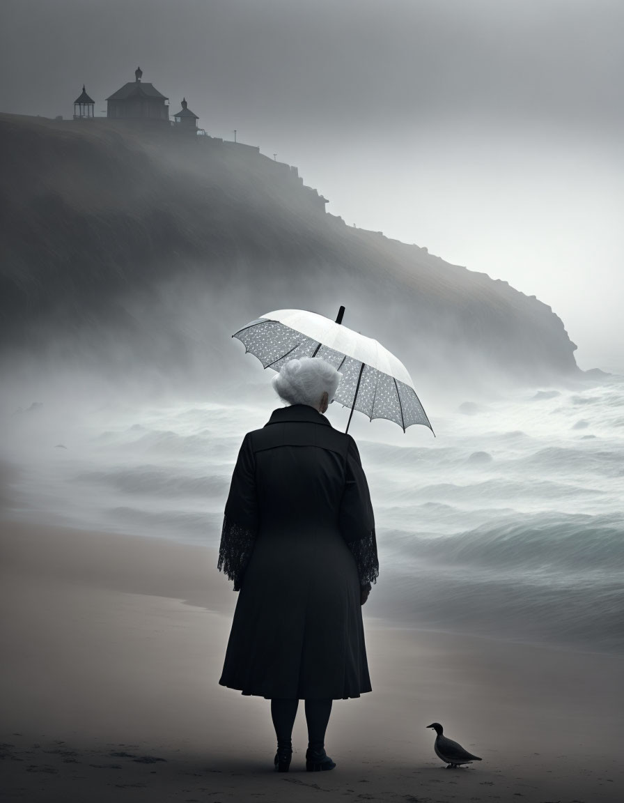 Solitary figure with umbrella on misty beach facing waves and lighthouse