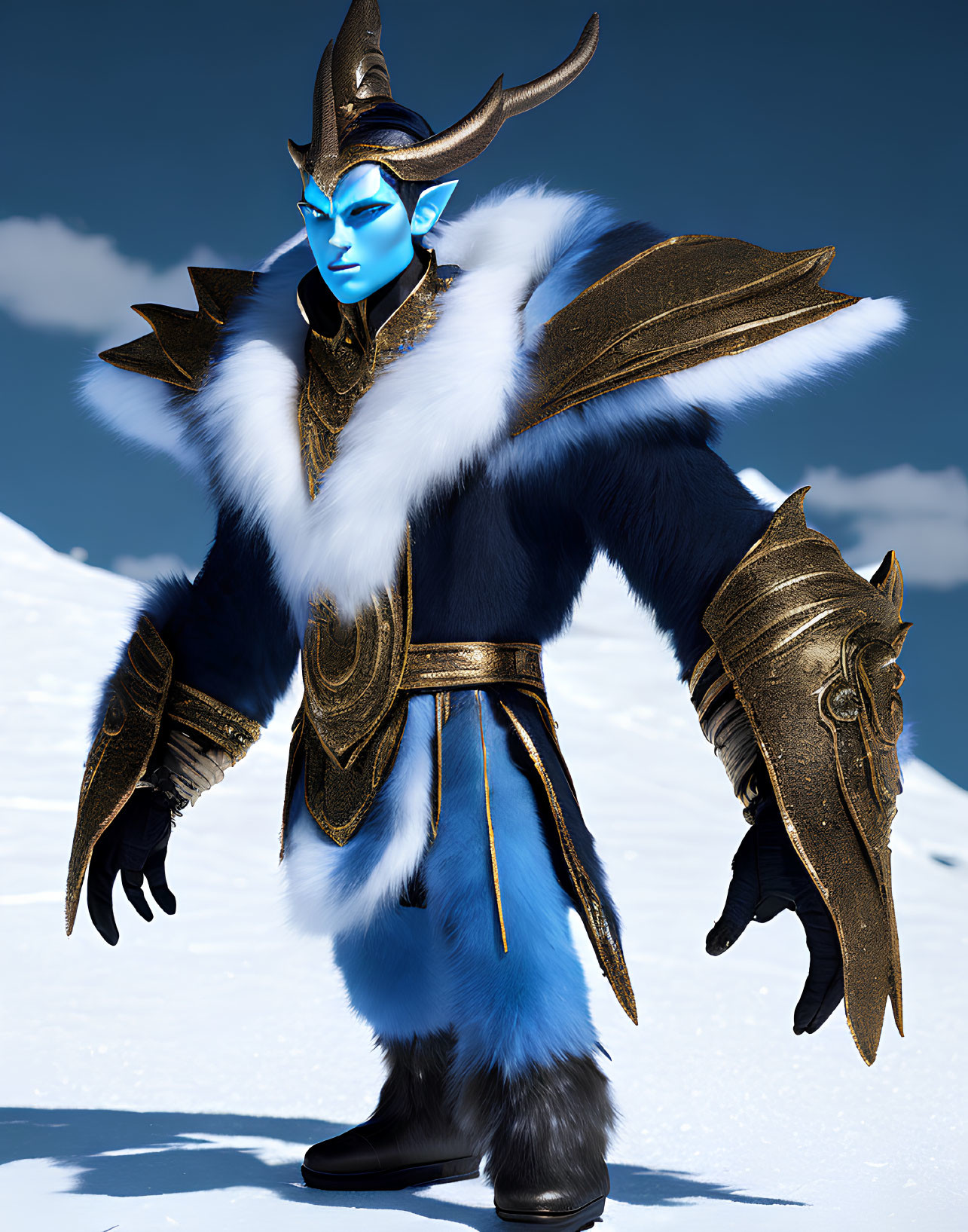 Blue-skinned elf-like character in golden armor against snowy backdrop