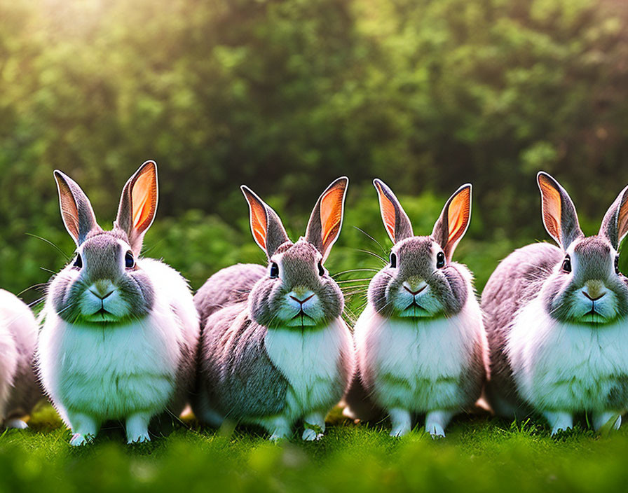 Four fluffy rabbits in a row on grass with sunlight filtering through greenery