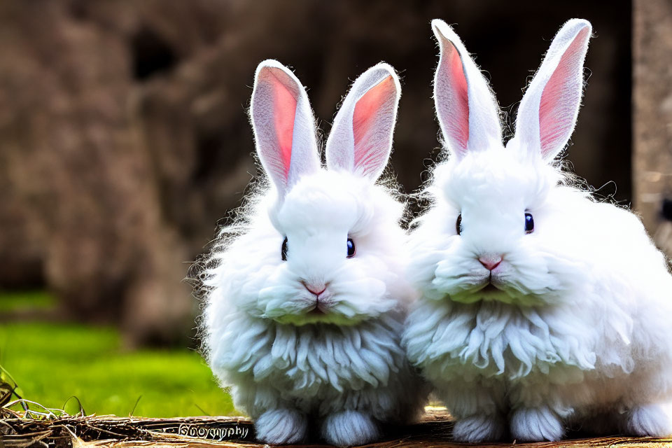 Fluffy White Rabbits with Blue Eyes on Straw Bed