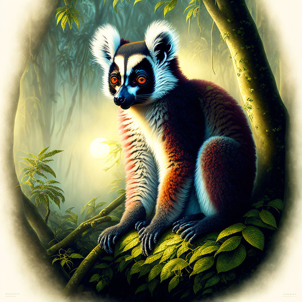 Vibrant ring-tailed lemur on tree branch in lush forest with glowing orb