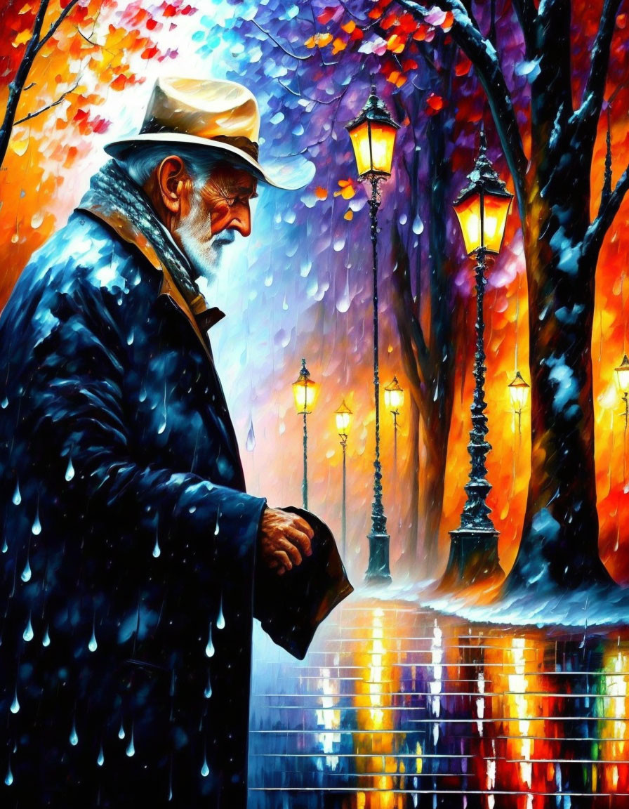 Elderly man in hat and coat strolling vibrant rainy street