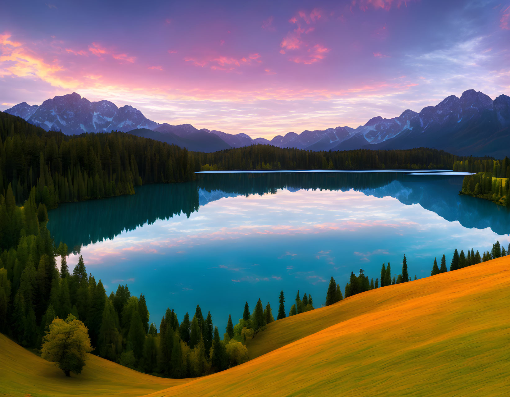 Scenic sunrise over mountain lake with lush forests