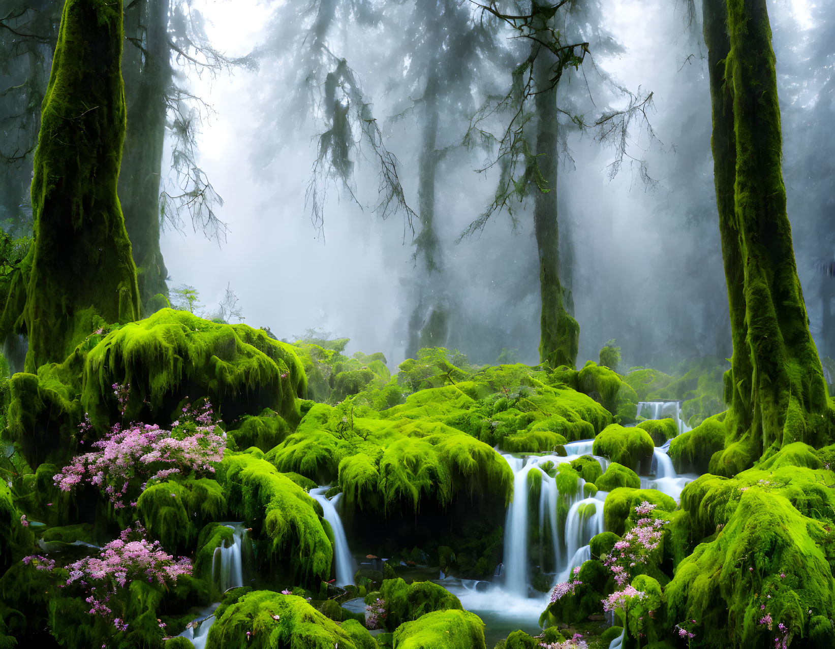 Tranquil forest landscape with moss-covered rocks, waterfall, and misty trees