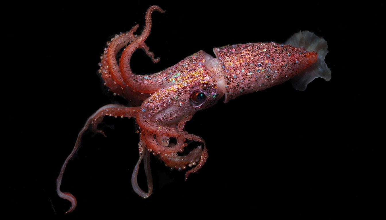 Vibrant squid with glittering skin on dark background