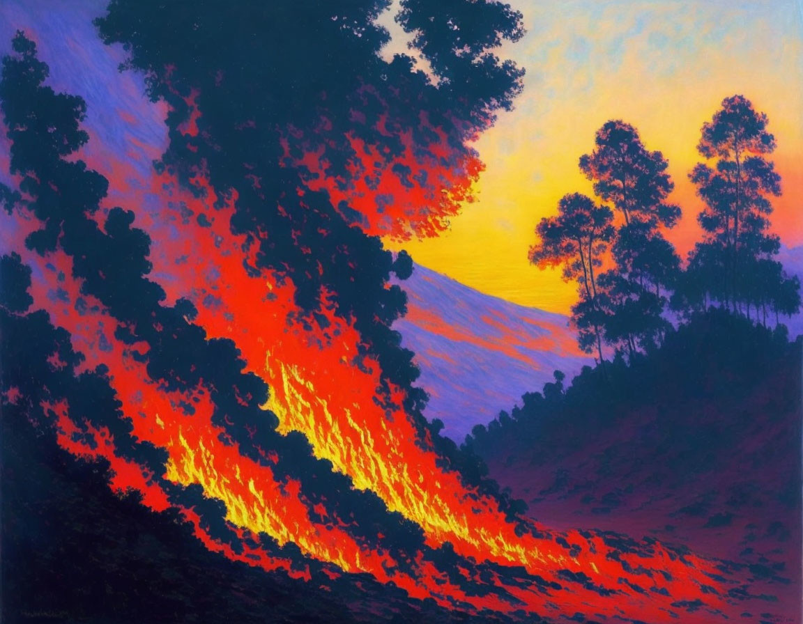 Vibrant painting: volcanic eruption with lava flows and silhouetted trees at sunset