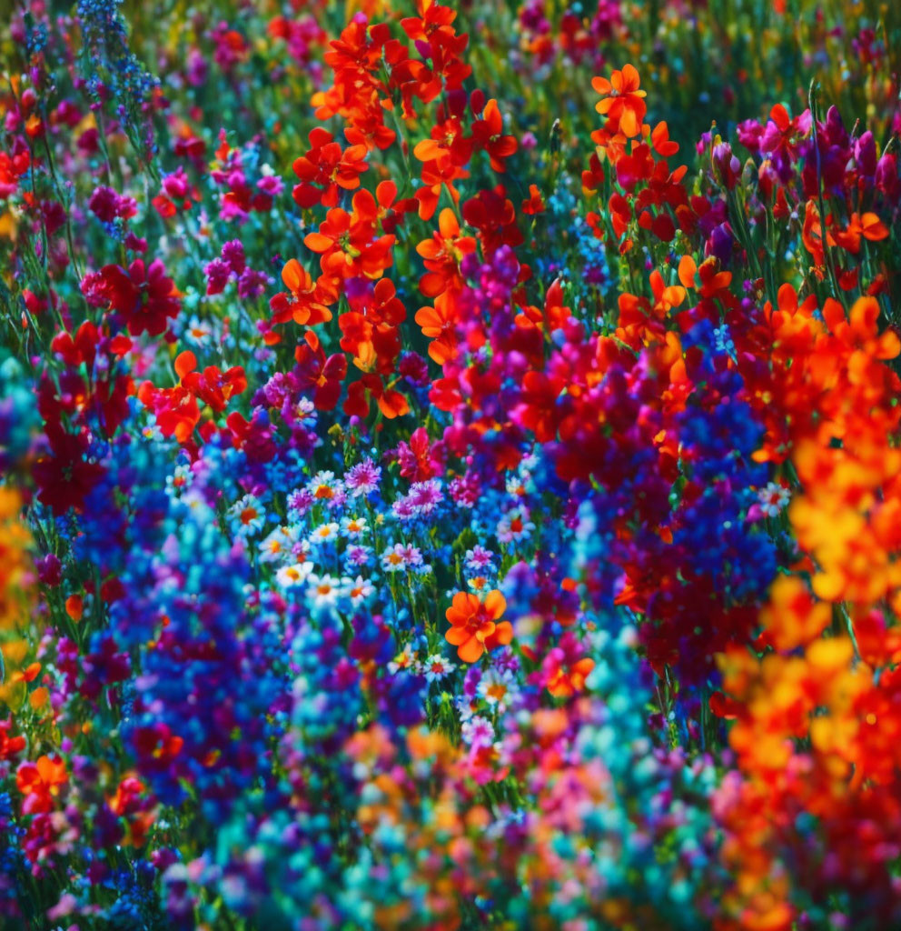 Colorful Field of Orange, Purple, and Blue Flowers